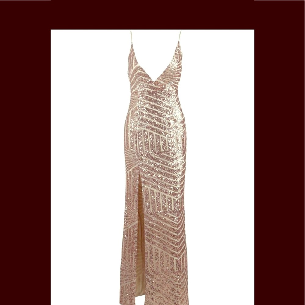 Gold glitter low cut spaghetti strap dress